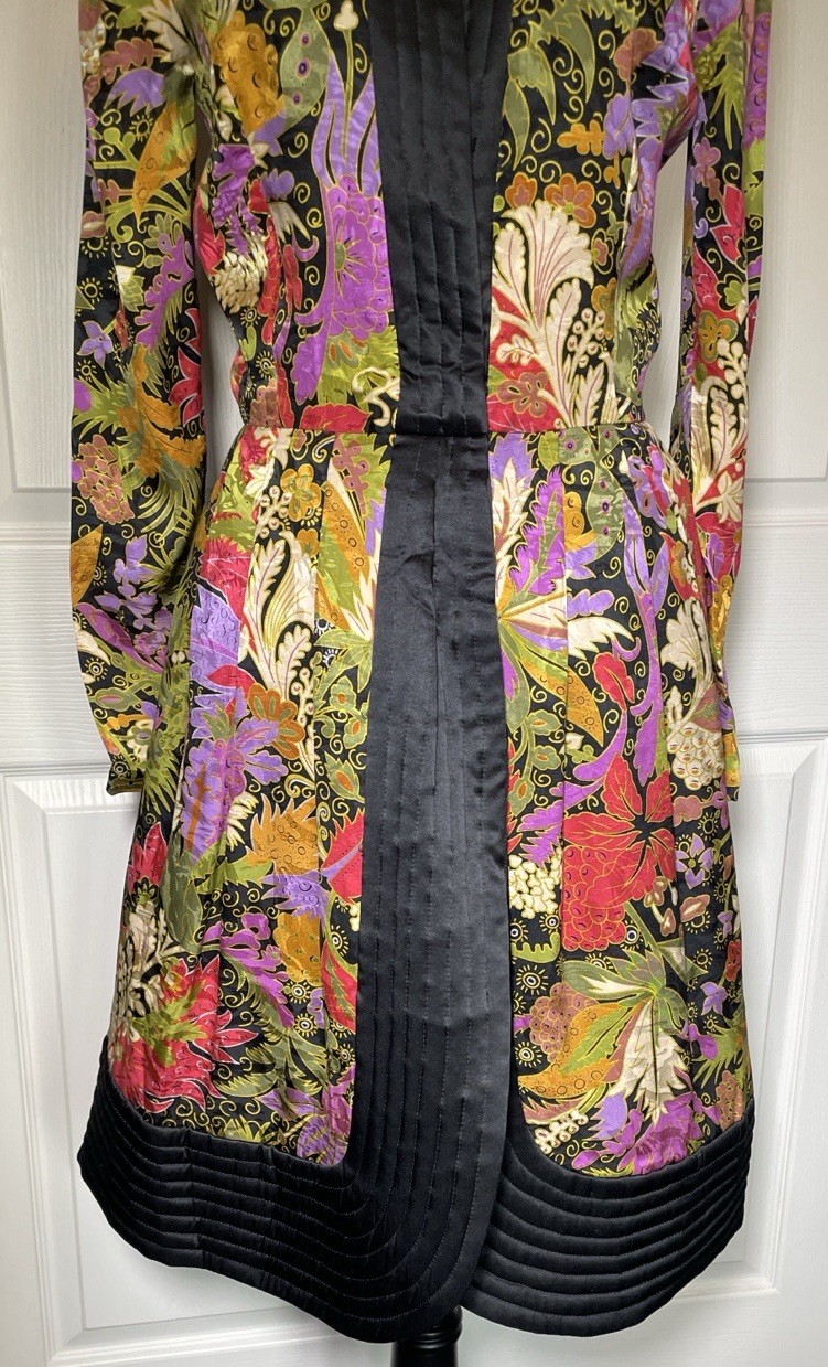 Vintage Luxury Silk Floral Coat Dress Quilted Trim Stanley Platos Martin Ross