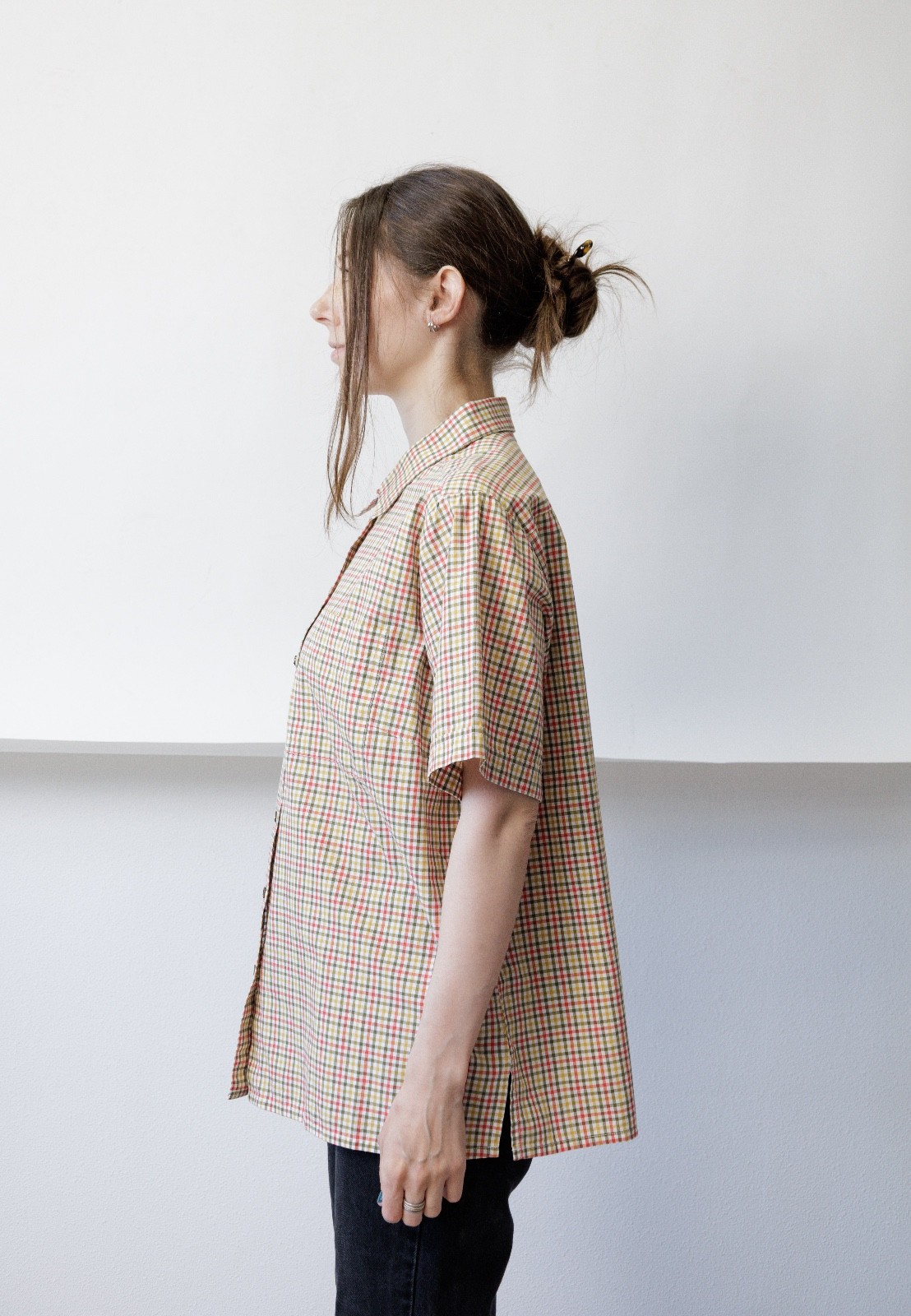 Vintage 90s Tattersall Check Plaid Short Sleeve Button Up Shirt Women&rsquo;s L Oversi