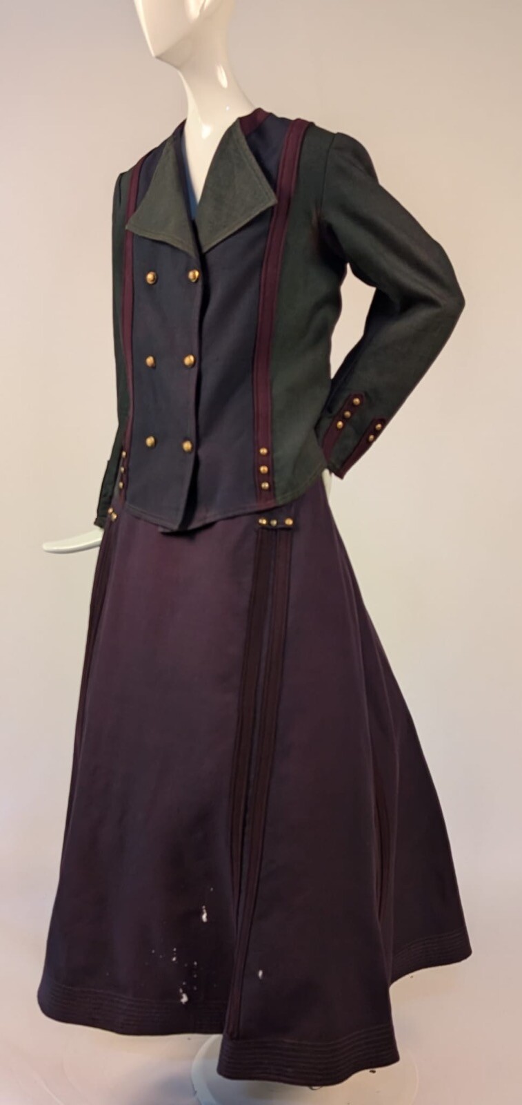 UNUSUAL EDWARDIAN TRI TONE WOOL WALKING SUIT W STUD + BUTTON TRIM