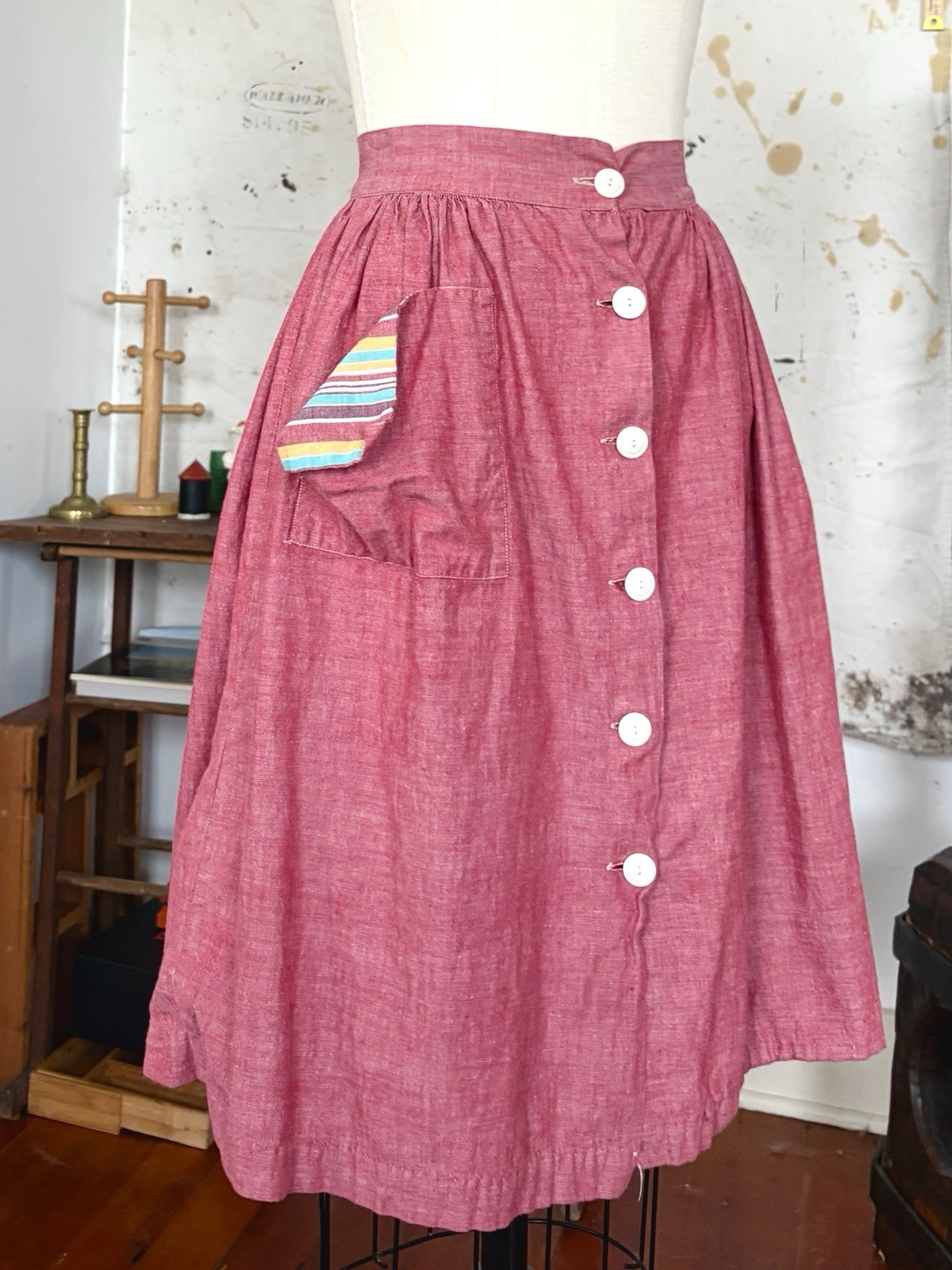 30s 40s Chambray Rayon Cotton Button Front Skirt Feedsack Pocket Workwear 24/25”