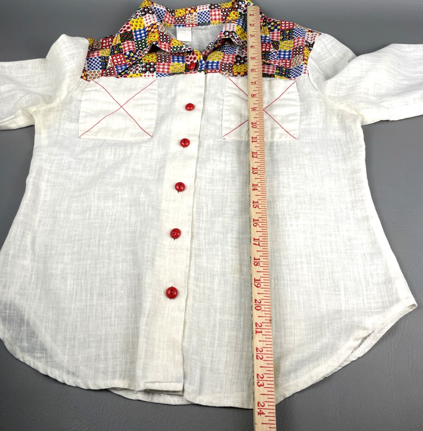 VTG 70s Patchwork Western Shirt Womens S Ivory Folk Boho Cowgirl Blouse