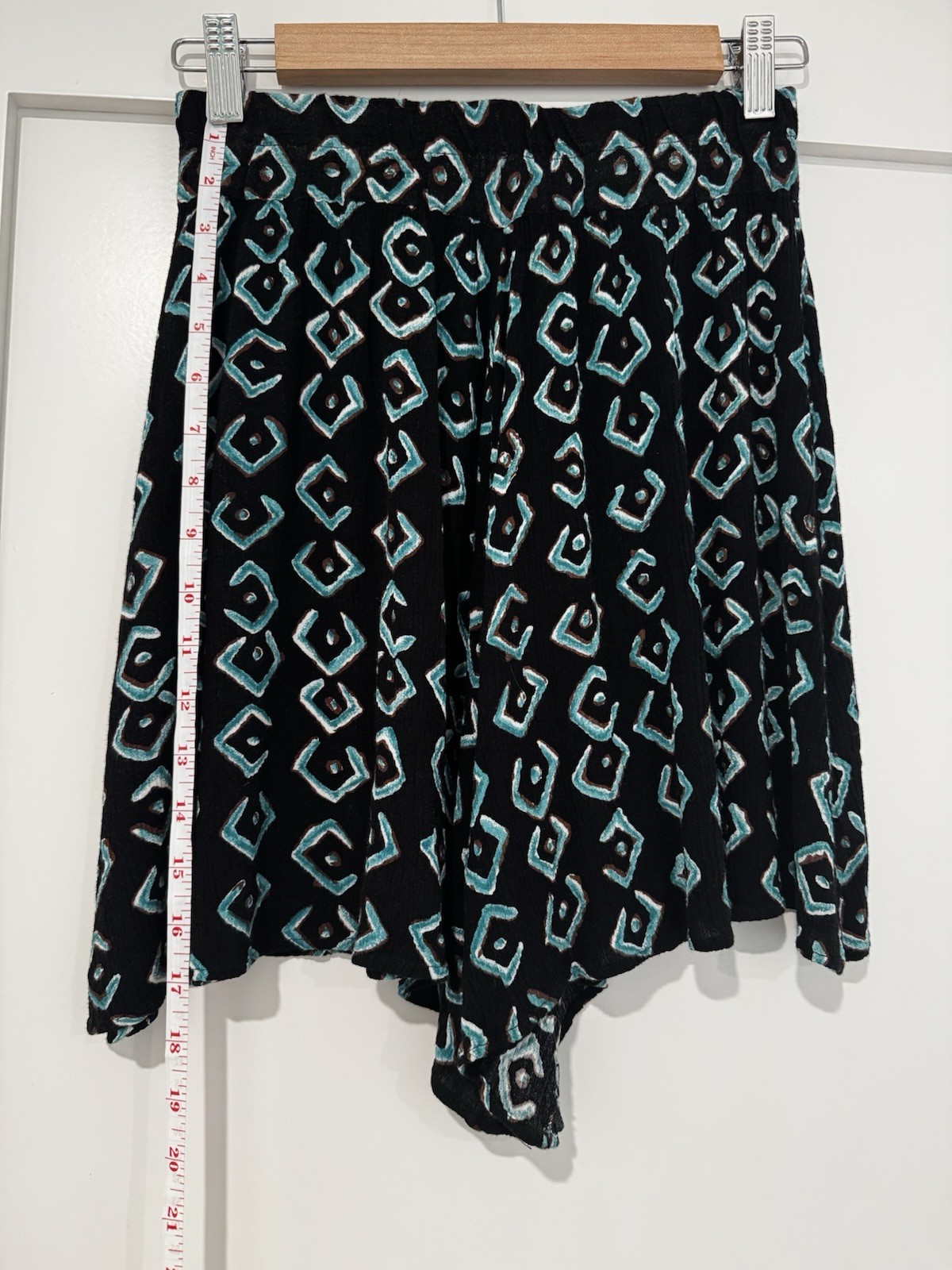 Vintage 90s Rayon Crinkle Skort S Black Teal Geometric Tribal Boho Festival