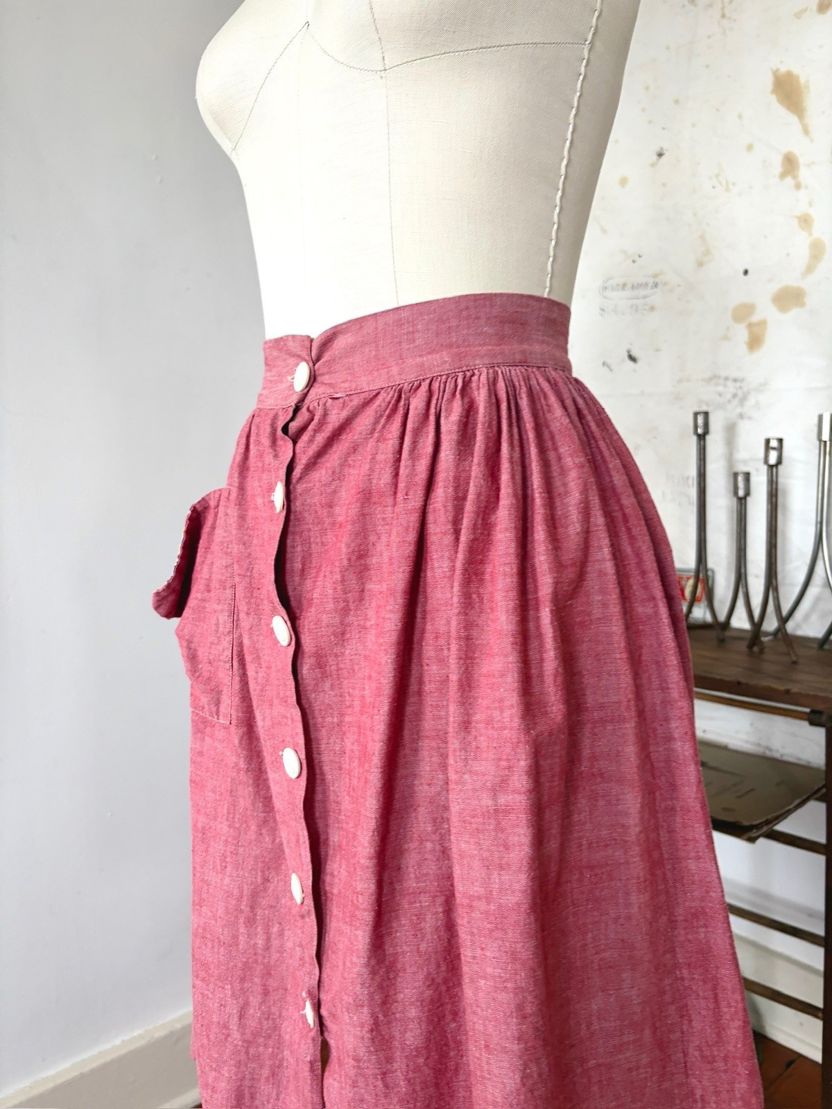 30s 40s Chambray Rayon Cotton Button Front Skirt Feedsack Pocket Workwear 24/25”