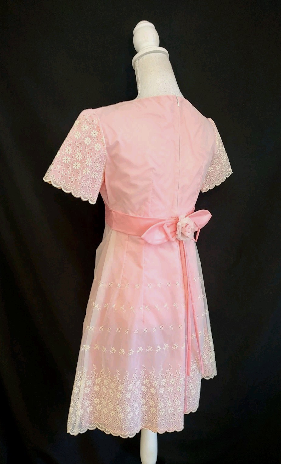 60&rsquo;s Vintage Pink Dress Eyelet Organza Taffeta Coquette Girly Short Sleeve XS/S