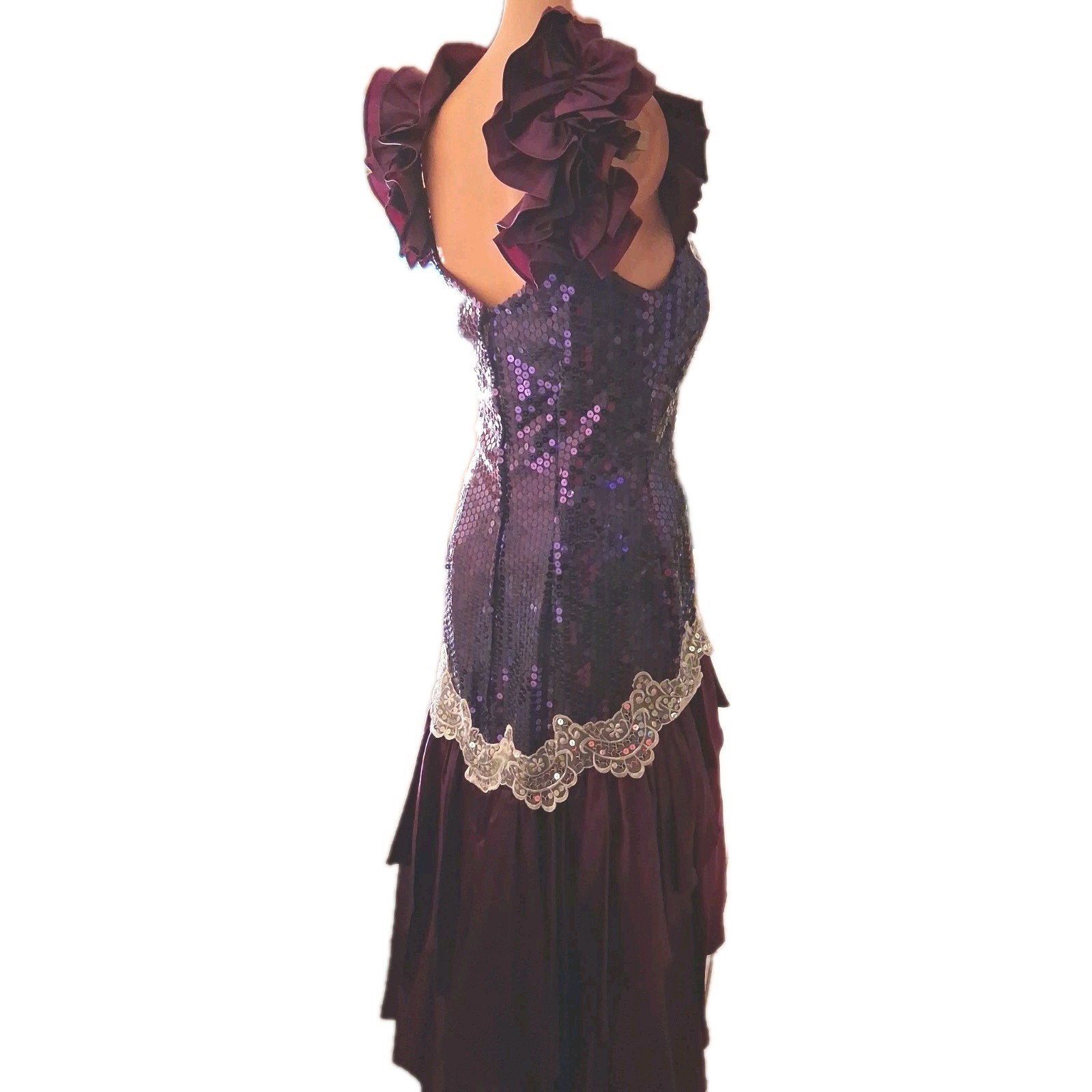 1980s Purple Sequin Ruffle High-Low Hem Party Salsa Dress Flirtations By Angelo