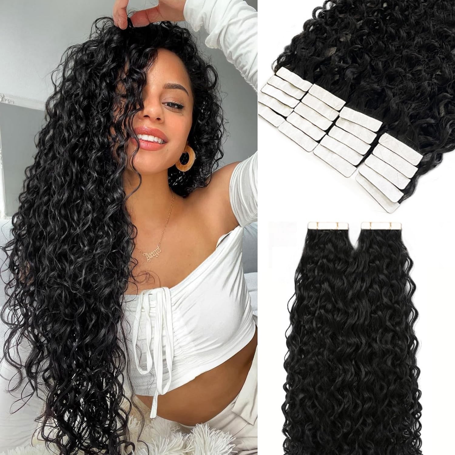 22&Prime; Curly Remy Human Hair Tape-in Extensions 20pcs 50G Double Sided PU