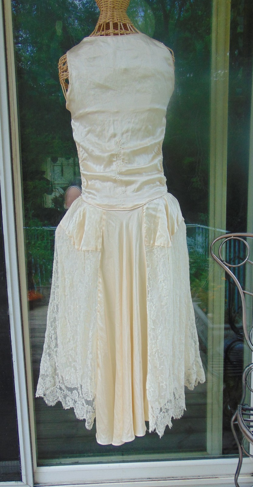 1920s Champagne Satin & Lace Robe de Style Wedding Dress AS IS
