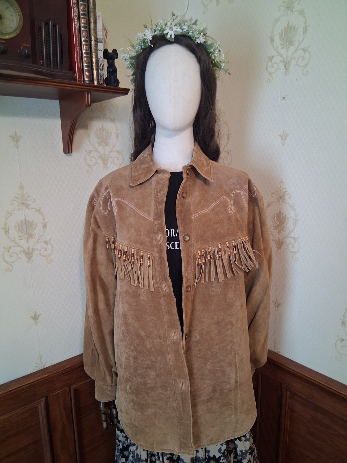 Vintage 1990s Comint Brown Suede Fringed Beaded Hippie Western Grunge Coat