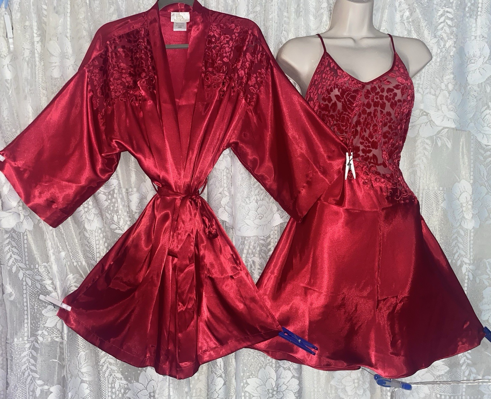 Vtg NWT S M+ CHERRY Red Satin WRAP ILLUSION Babydoll Peignoir Robe Nightgown Set