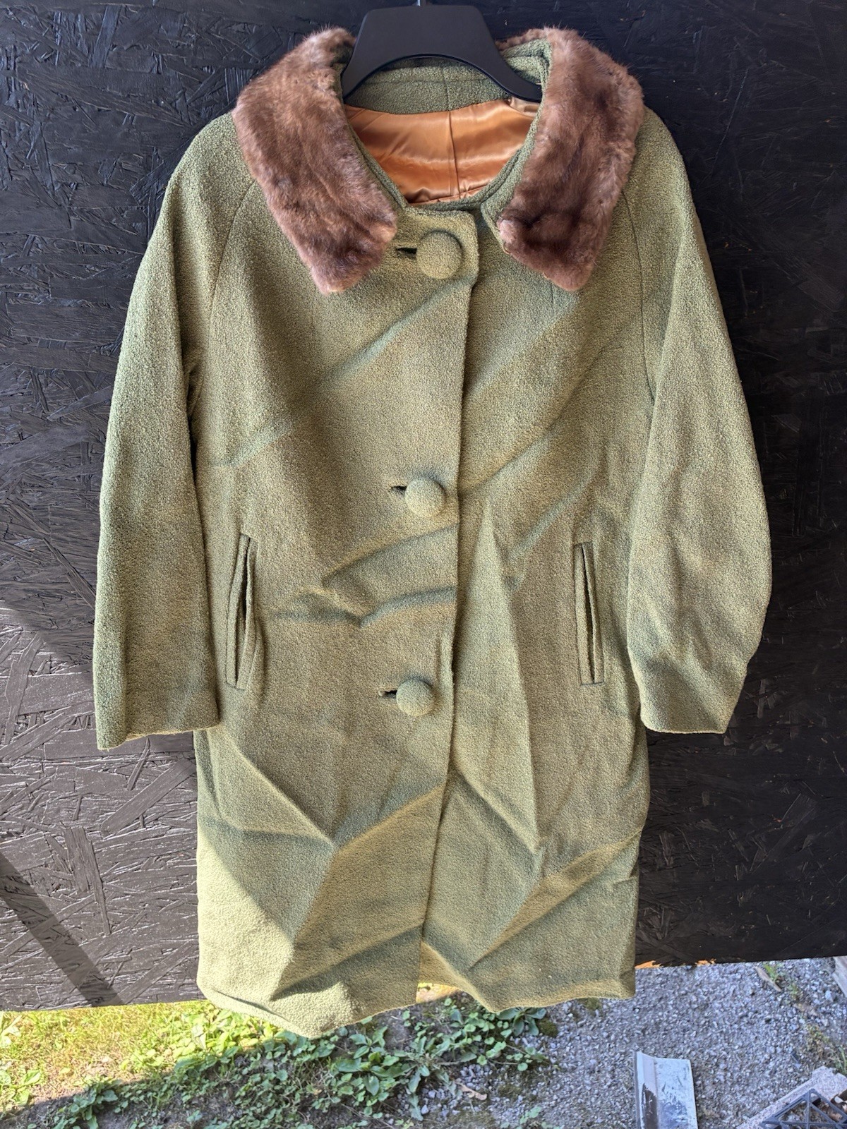 Vintage 50s Tweed Wool Rabbit Fur Collar Swing Green Coat M USA (Union Made Tag)