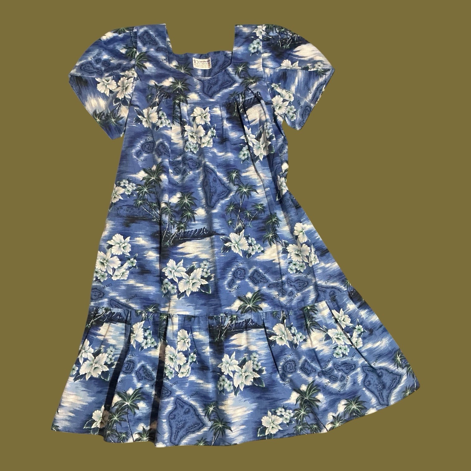 Vintage Hawaiian Dress Made in Hawaii Blue Island Hibiscus Palm Tree KY’s M