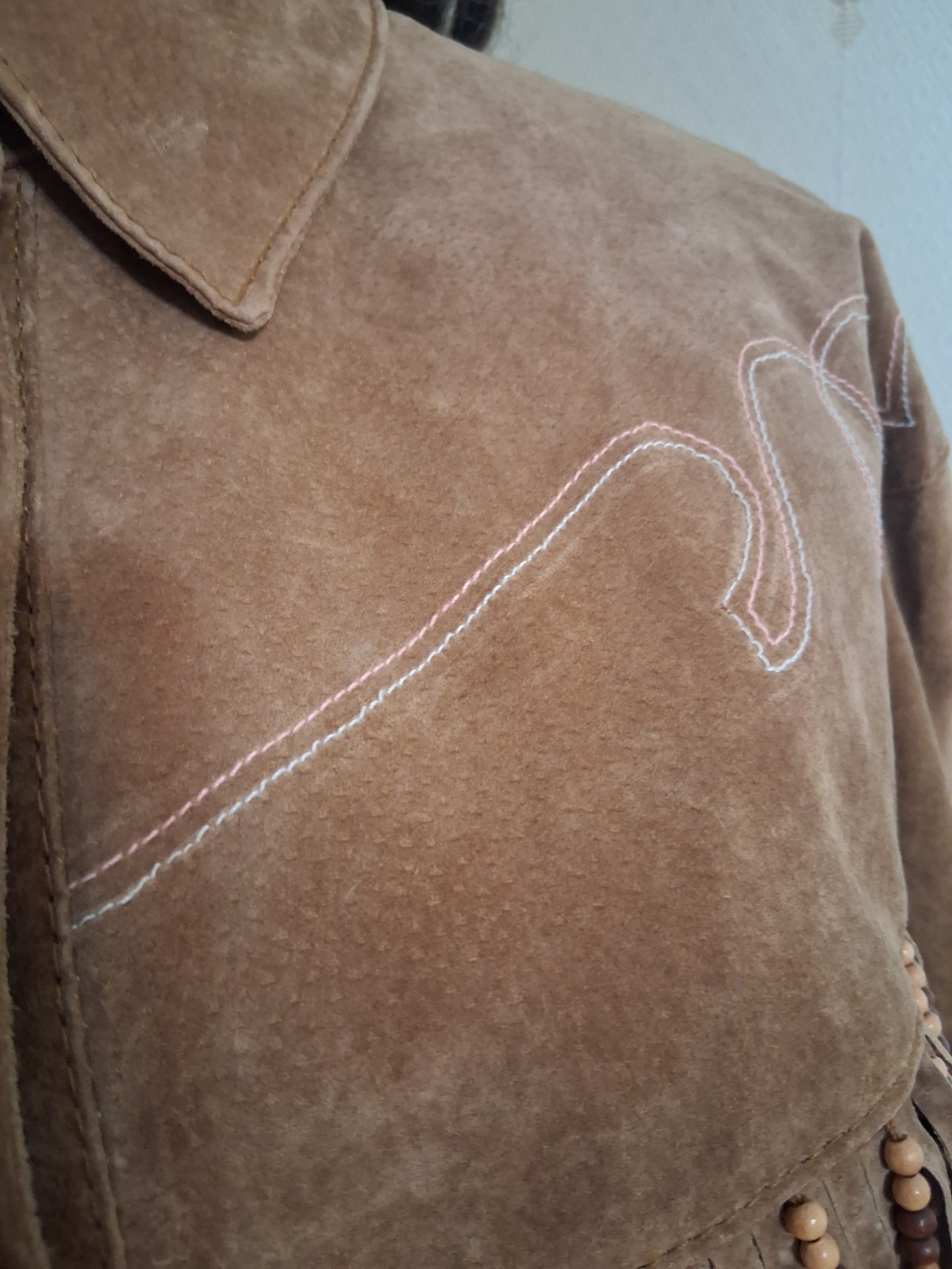 Vintage 1990s Comint Brown Suede Fringed Beaded Hippie Western Grunge Coat