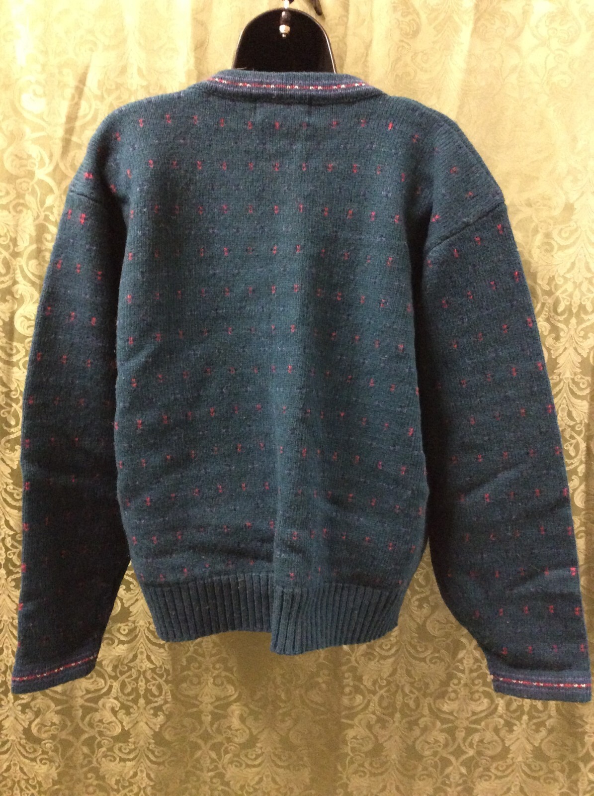 Eddie Bauer Wool Blend Cardigan Sweater M Dark Green Teal Red birdseye vintage