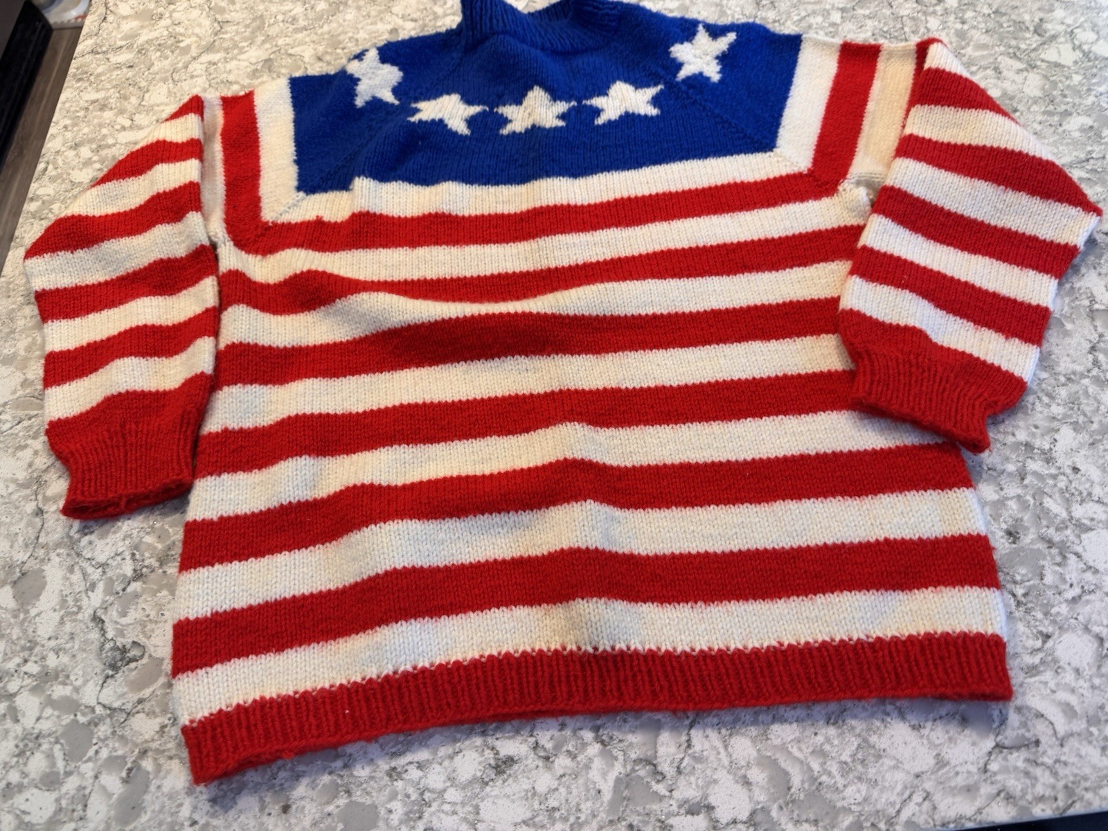 Vintage Patriotic Stars Stripes Red White Blue Sweater Handmade Knit 44” Large M