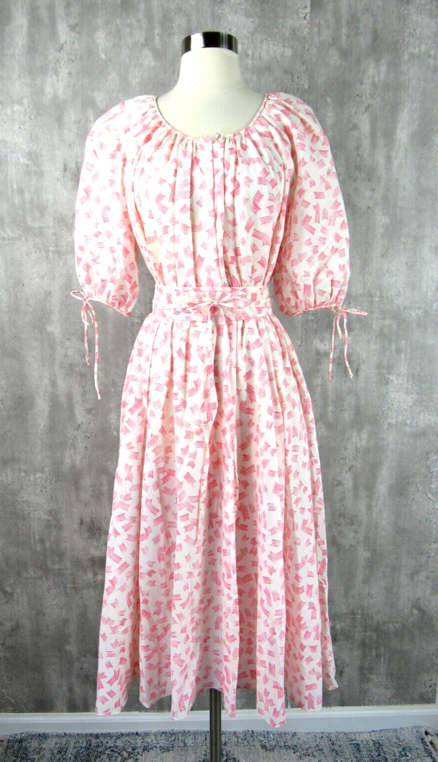 Vintage 70s 80s Albert Capraro Blouson Print Flouncy Puff Sleeve Dress Small S