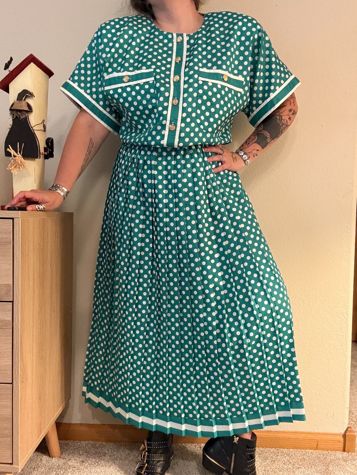 Vintage 80s Secretary Leslie Fay Green Polka Dot Pleated Dress Elastic Waist XL