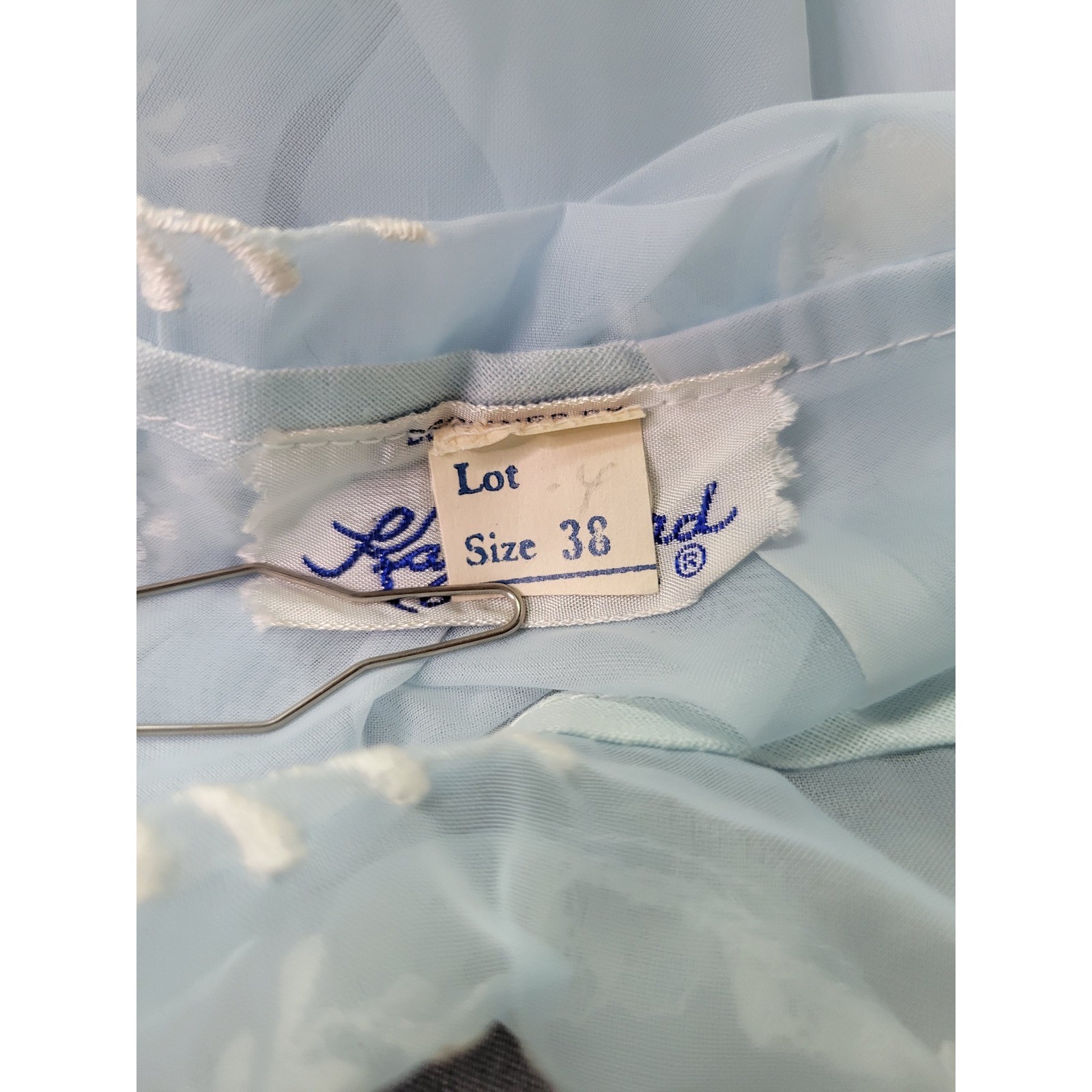 Vintage Kay Lord Blue Sheer Nylon Embroidered Lace Peter Pan Blouse Size 38 NWT