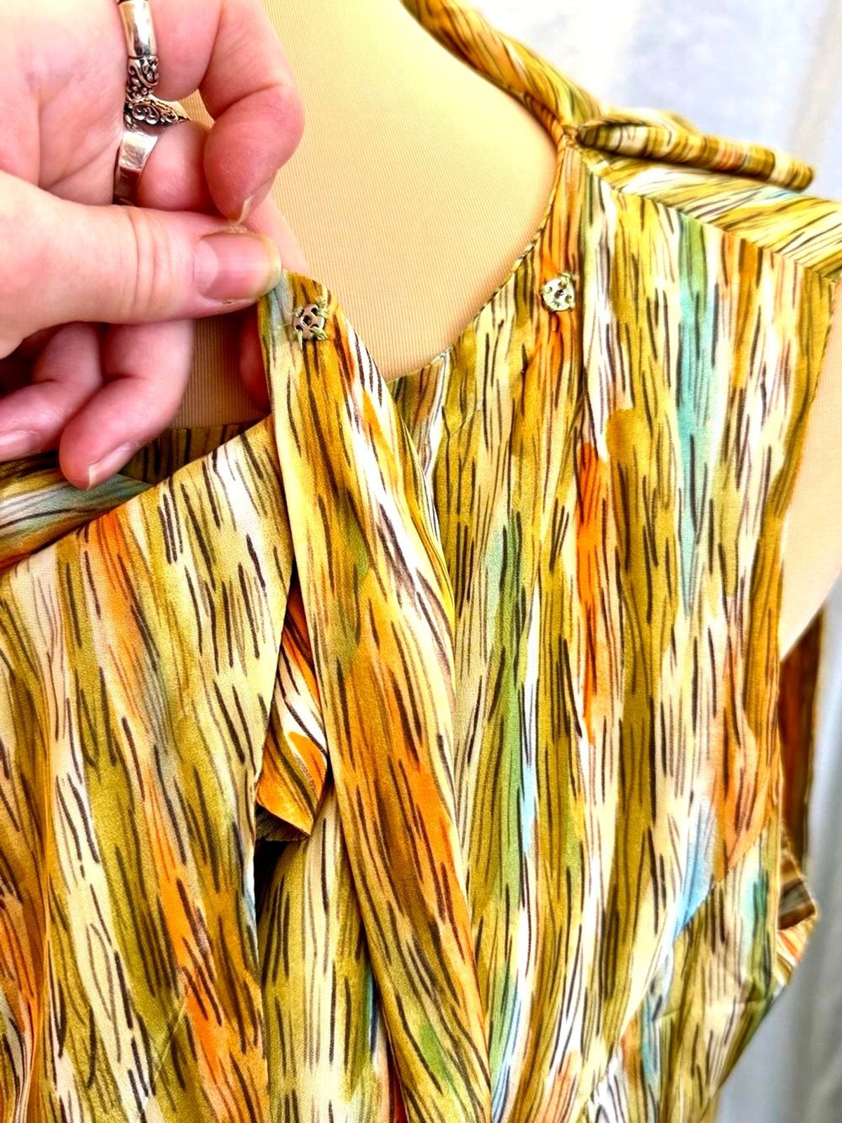 VTG 1950s Abstract Marbled Double Breasted Bow Satin Mid Century M L