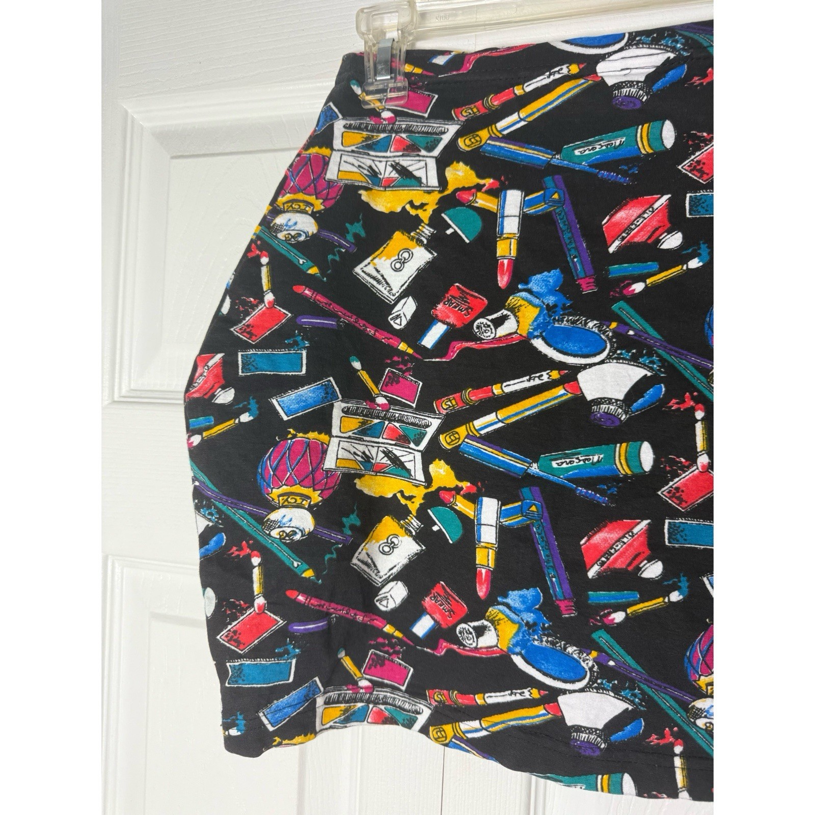 Vintage 80s Equipt Black Makeup Cosmetics Perfume Print Bodycon Mini Skirt Large