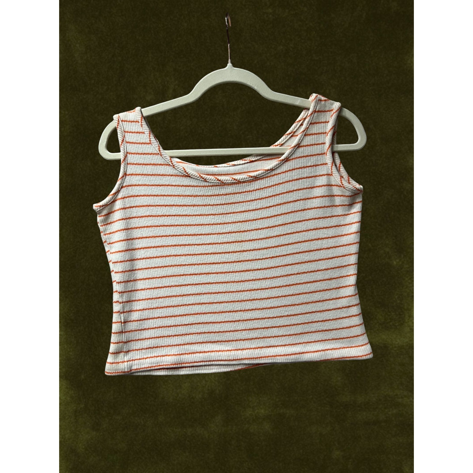 Vintage 1970s Ribbed Knit Tank Top Orange White Striped Scoop Neck Sleeveless