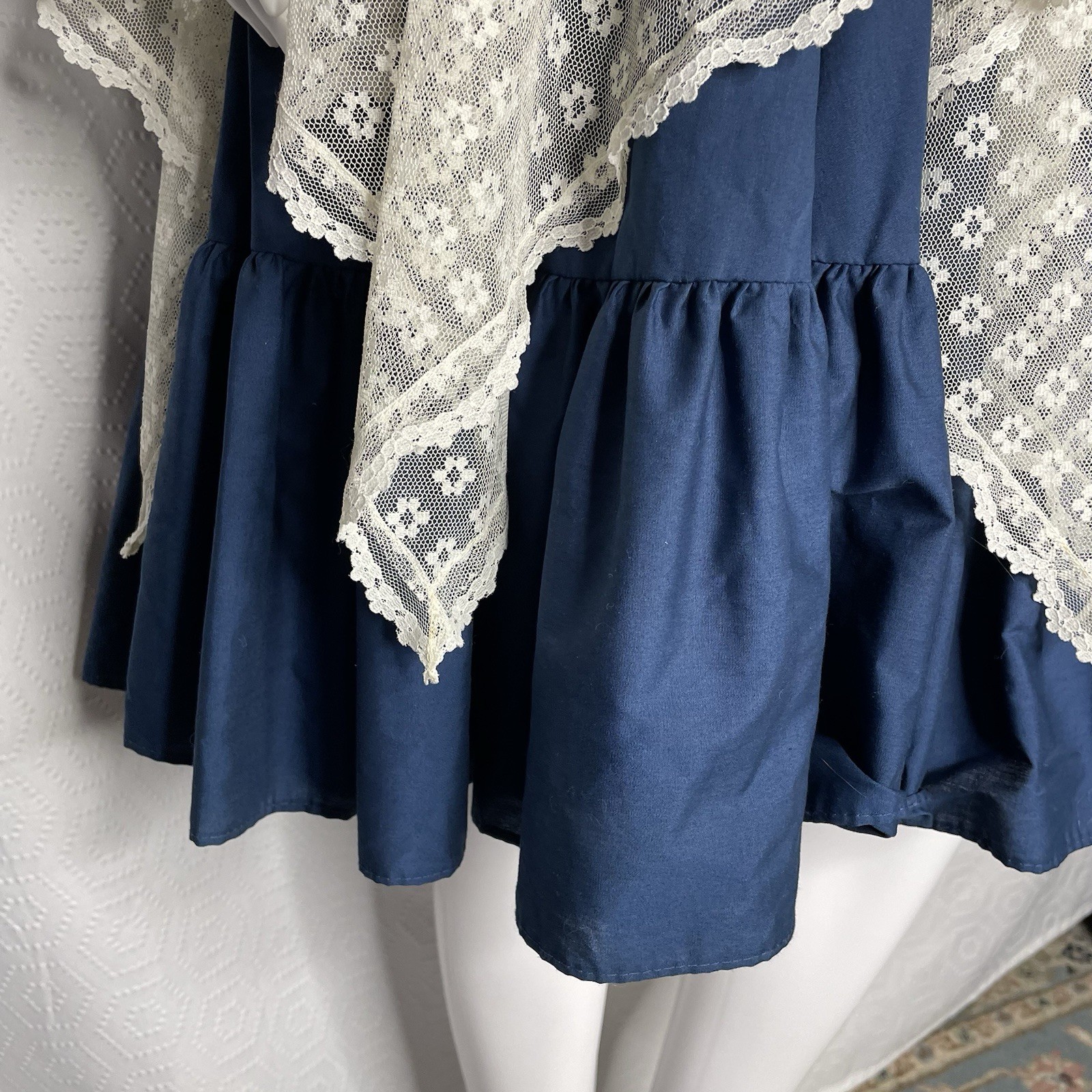 Partners Please Malco Modes Square Dance Dress 14 Blue White Lace Vtg Prairie