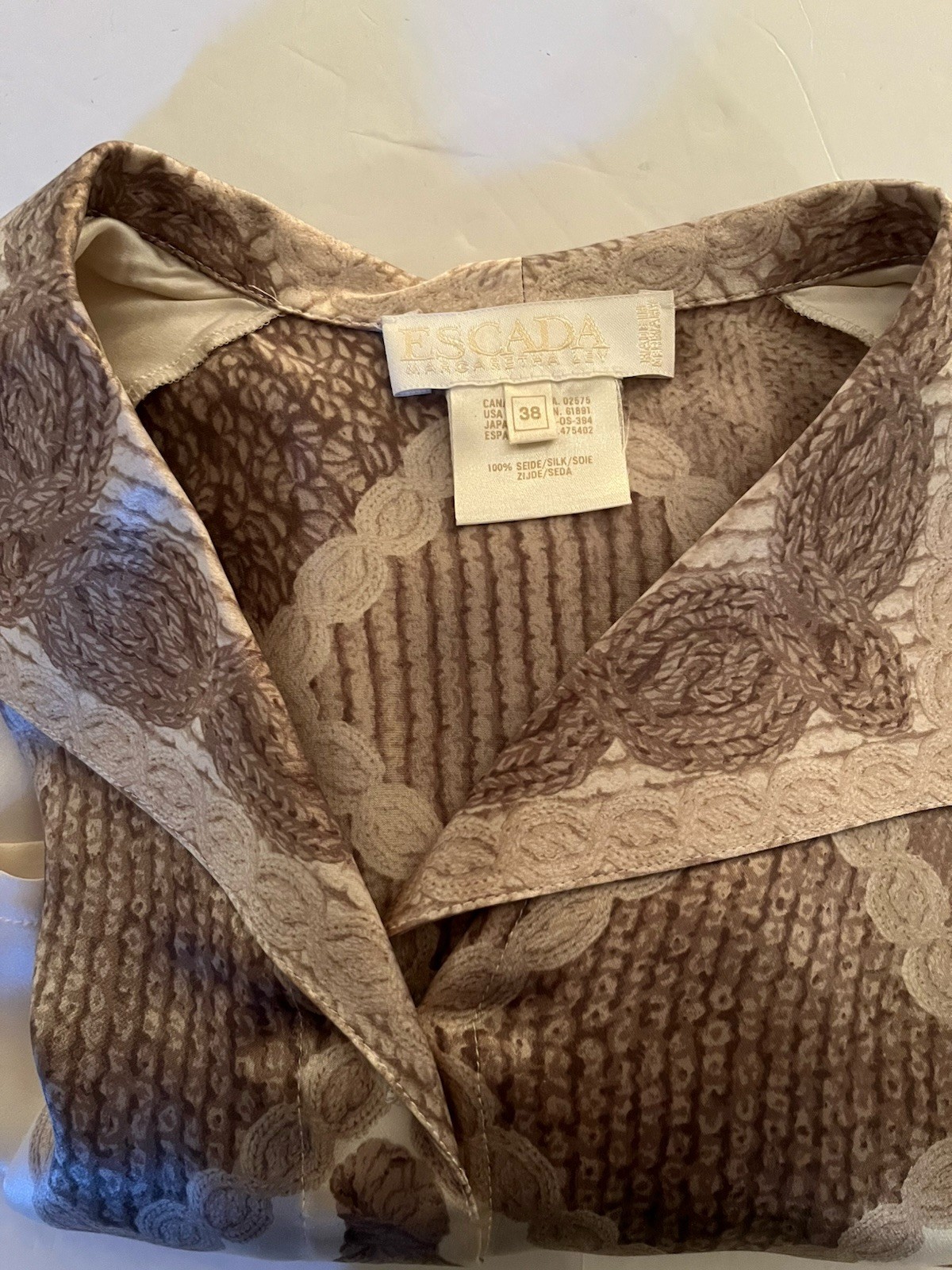 Vintage Escada Cream & Beige Silk Tassel Print Blouse Size 38