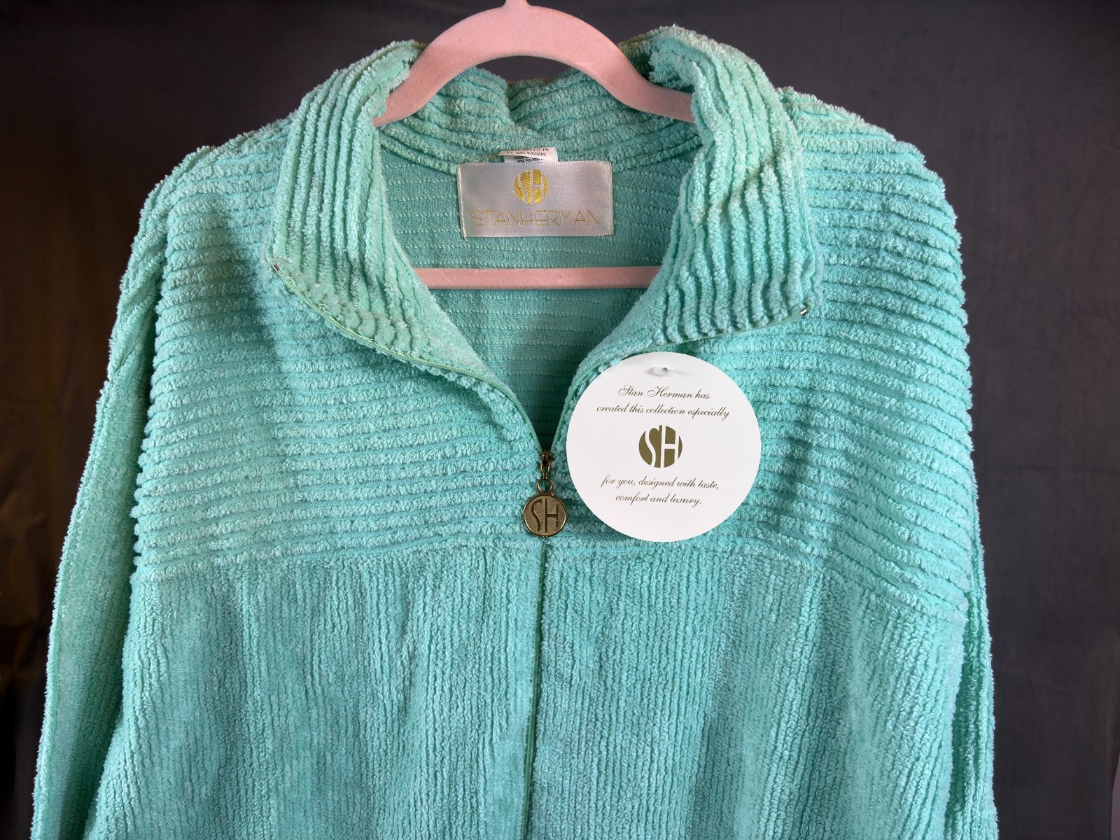 VTG Stan Herman Turquoise Chenille Robe House Coat 1/2 zip Pockets XL P NWT