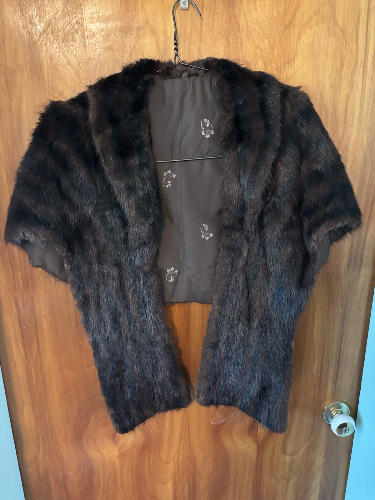 Vintage Real Fur Stole Shoulder Cape Wrap Brown Satin Shawl Lined Women’s