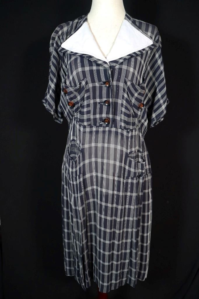 Vintage 1940&rsquo;s WWII Era French Dark Blue & White Sheer Rayon Dress Size 14+