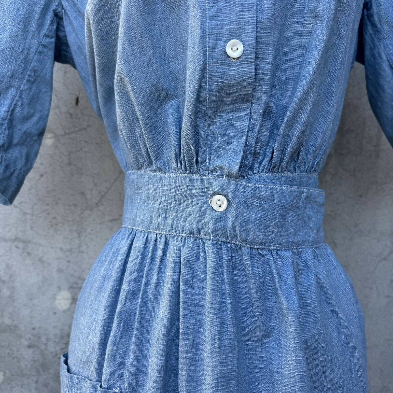 Antique Edwardian Blue Chambray Cotton Dress Workwear Prairie Maxi Vintage