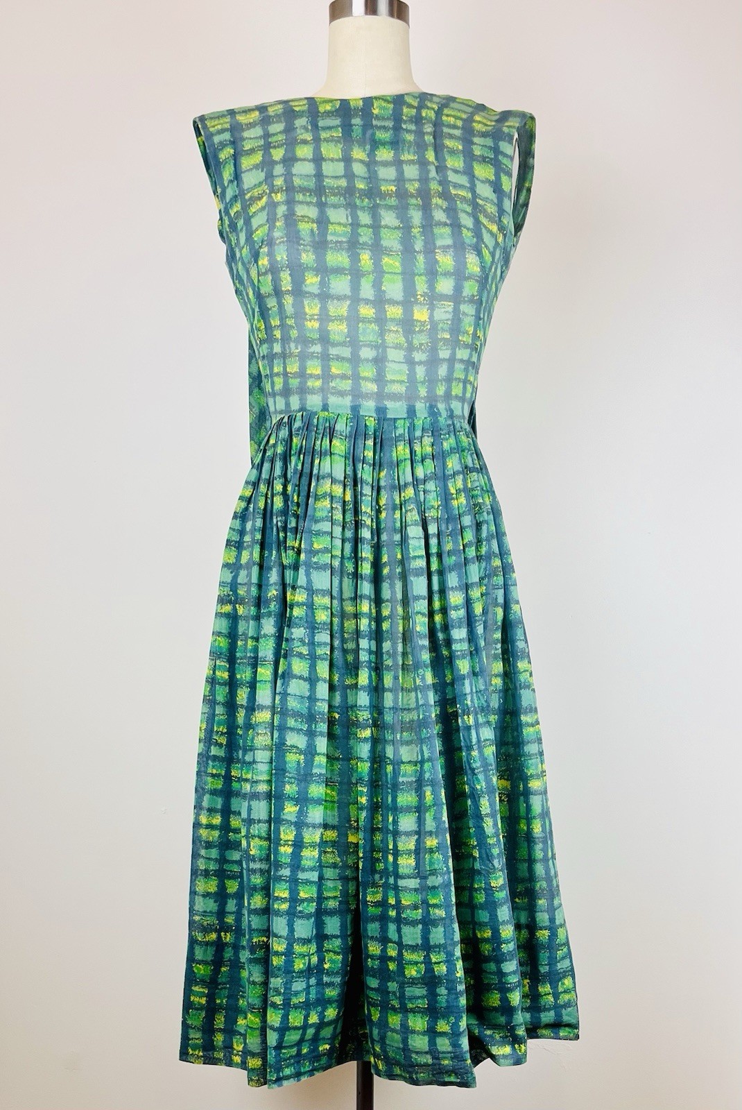 Vintage 50s Rona Joan Doris Blue Green Grid Print Lightweight Sheer Cotton Dress