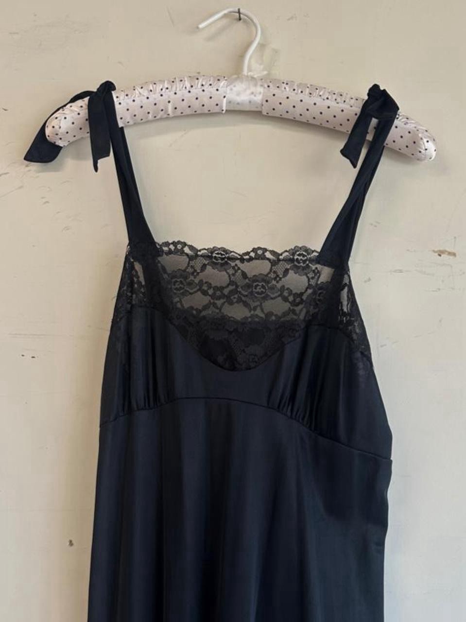 Vintage 70s black lace slip dress tie shoulders nightgown lingerie
