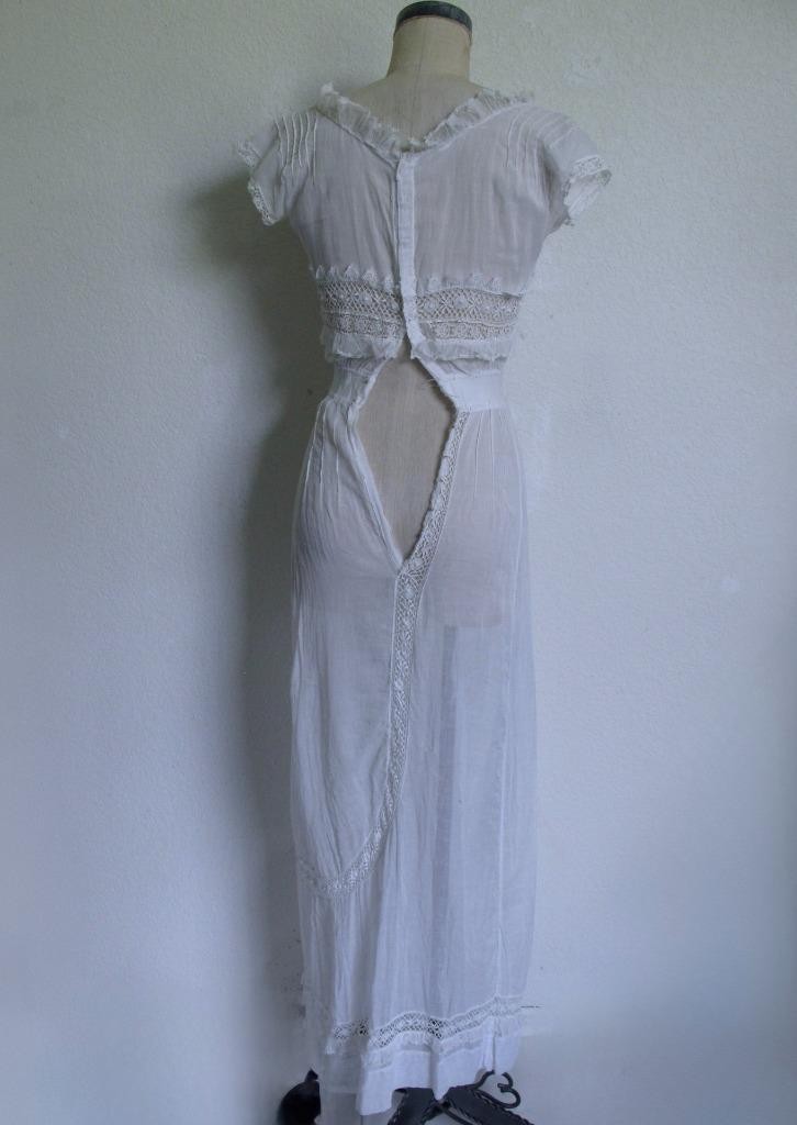Antique Victorian Edwardian White Sheer Voile Dress XXXS Lace Trim Pintucks