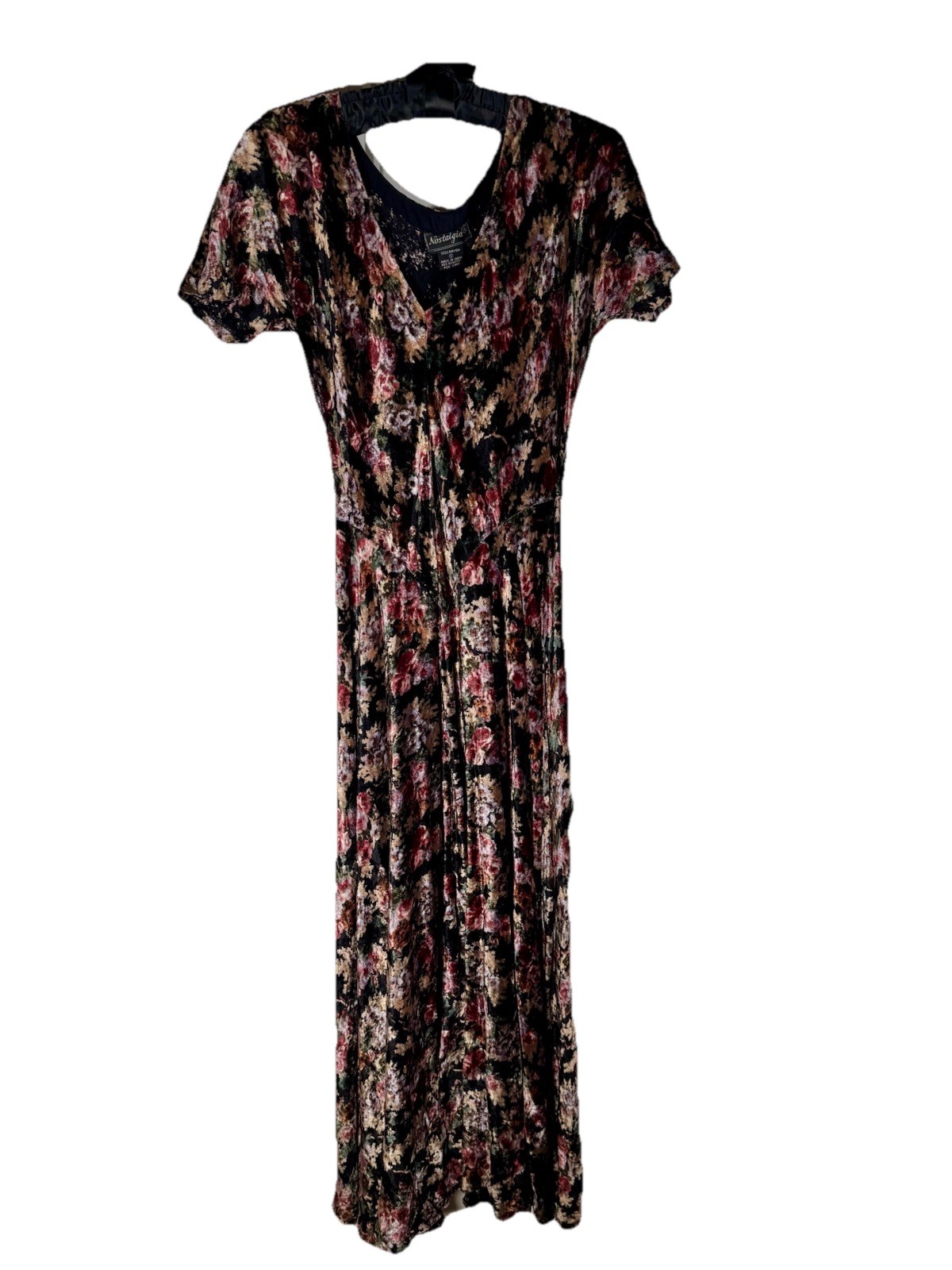Nostalgia Vintage Dress 90s Sz Small Black Velvet Floral Basque Waist Grunge
