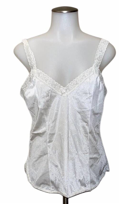 Vtg Union Made Cami Slip Top sz L White With Lace Edging & Straps MCM Lingerie