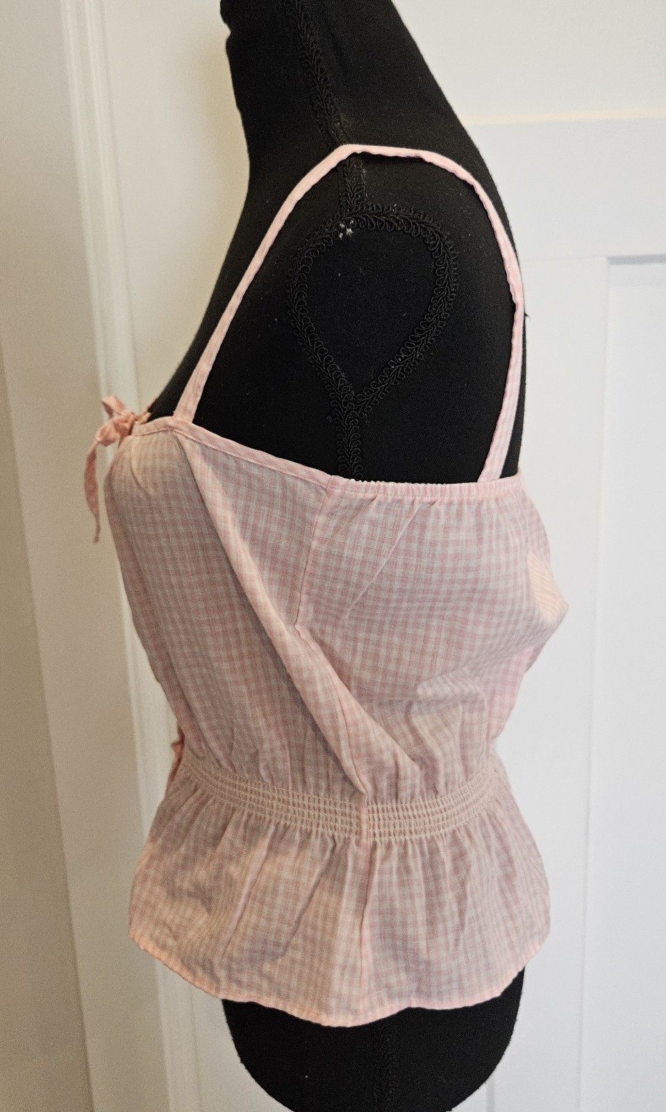 VTG 70s Bobbie Brooks Sleeveless Button Up Pink Gingham Halter Top Elastic Waist