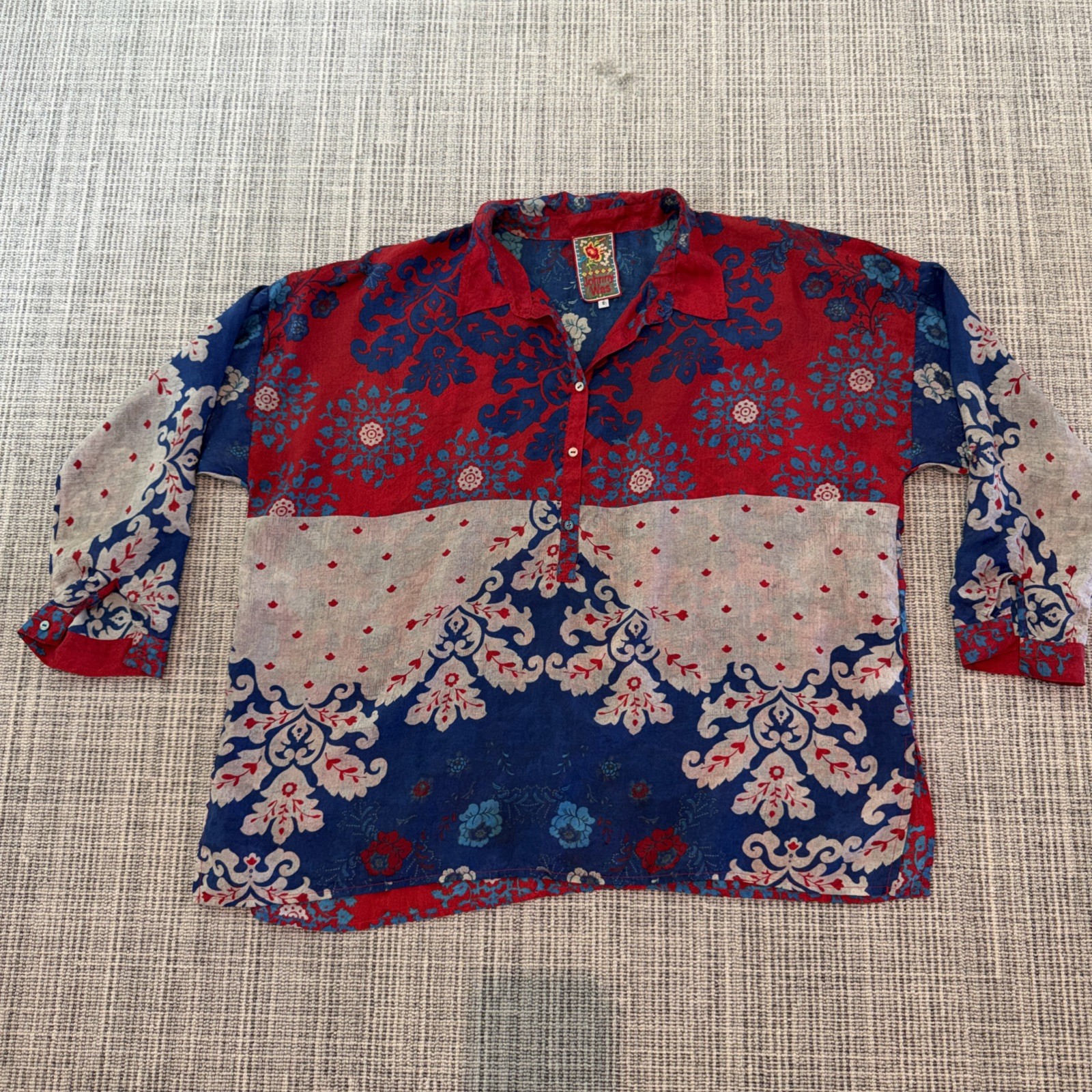 Johnny Was Silk Frame Tunic Multicolor Patchwork Boho Blouse oversized S