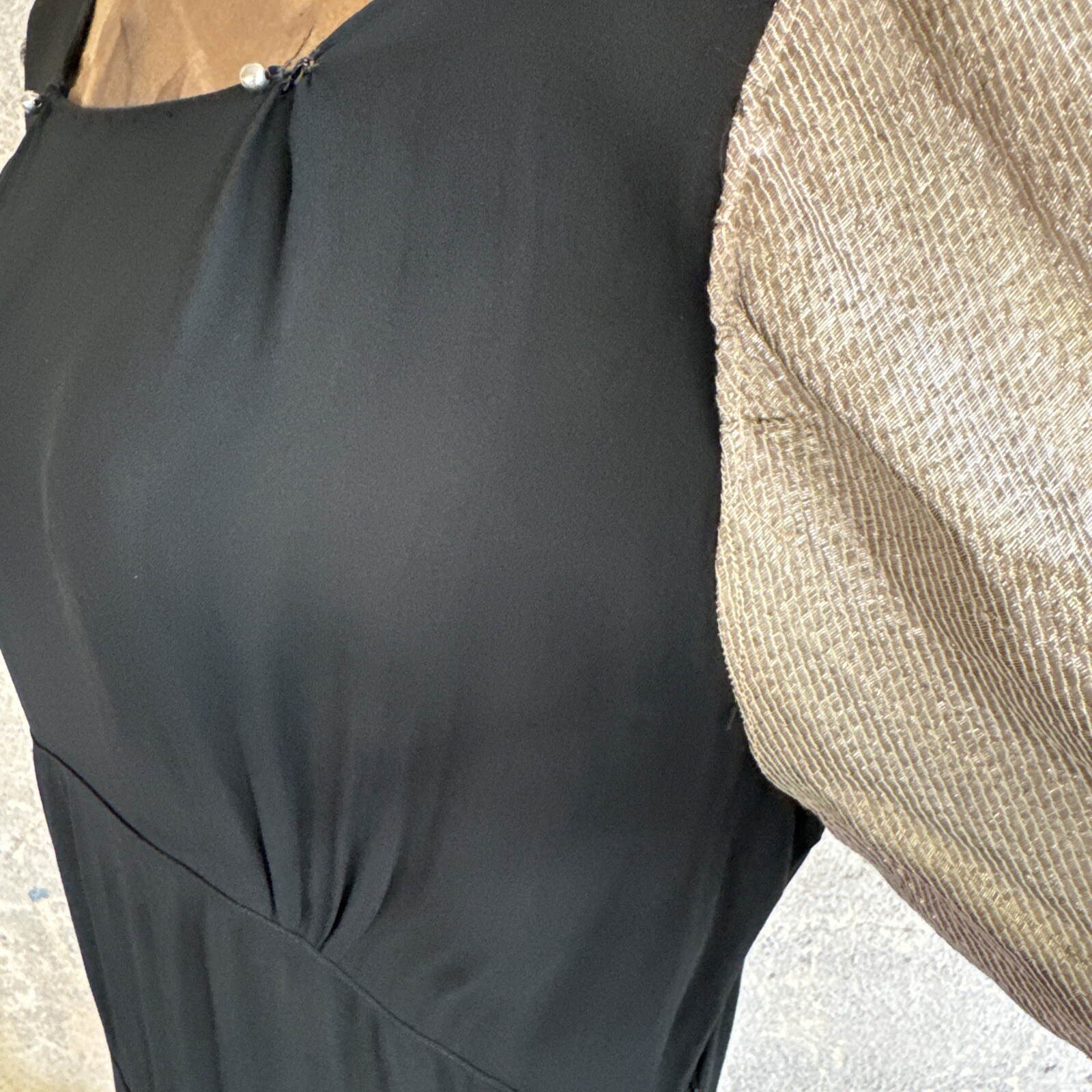 Vintage 1930s Black Silk Dress Silver Lamé Balloon Sleeves Metal Bead Accents
