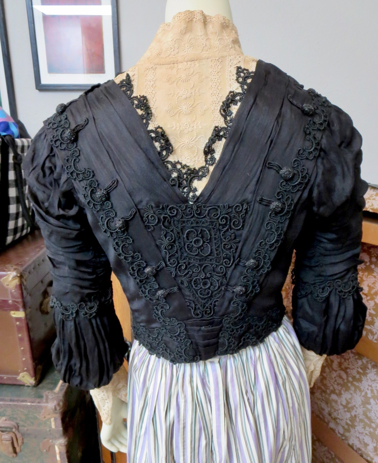 1880s Black Silk Bodice Beading Details & Lace High Neck Interior Corset 32 Bust