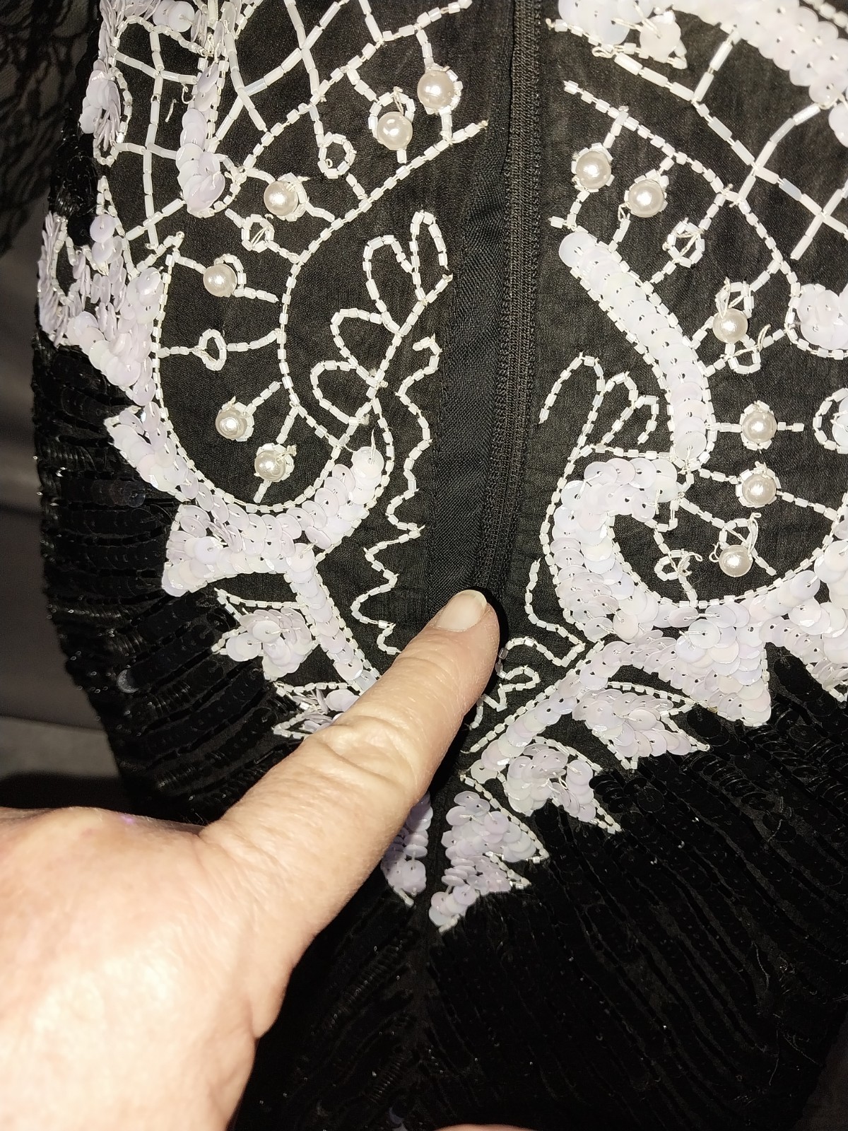 VTG GLAM DECO Sequins Beaded Mini Scalloped Dress Black White Silk Lined XS/P