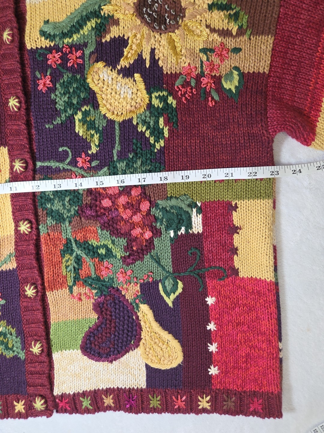 Vintage 2001 Tiara International Chunky Knit Cardigan Sweater Sunflower Fruit XL