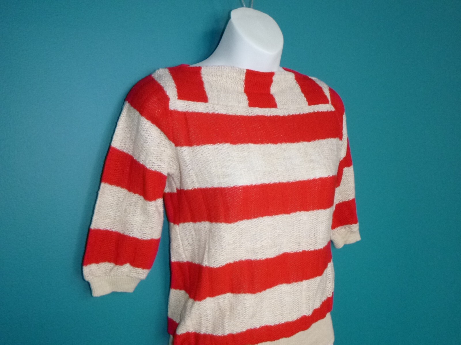 Vtg 70s Peppermint Casuals Loose Textured Knit Top Red Oatmeal Color Sz S/M