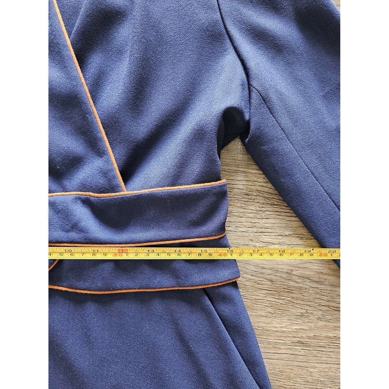 Rare THE FOLD London Virgin Wool Navy Blue w/ Copper Neck Line & Belt Trim Dress