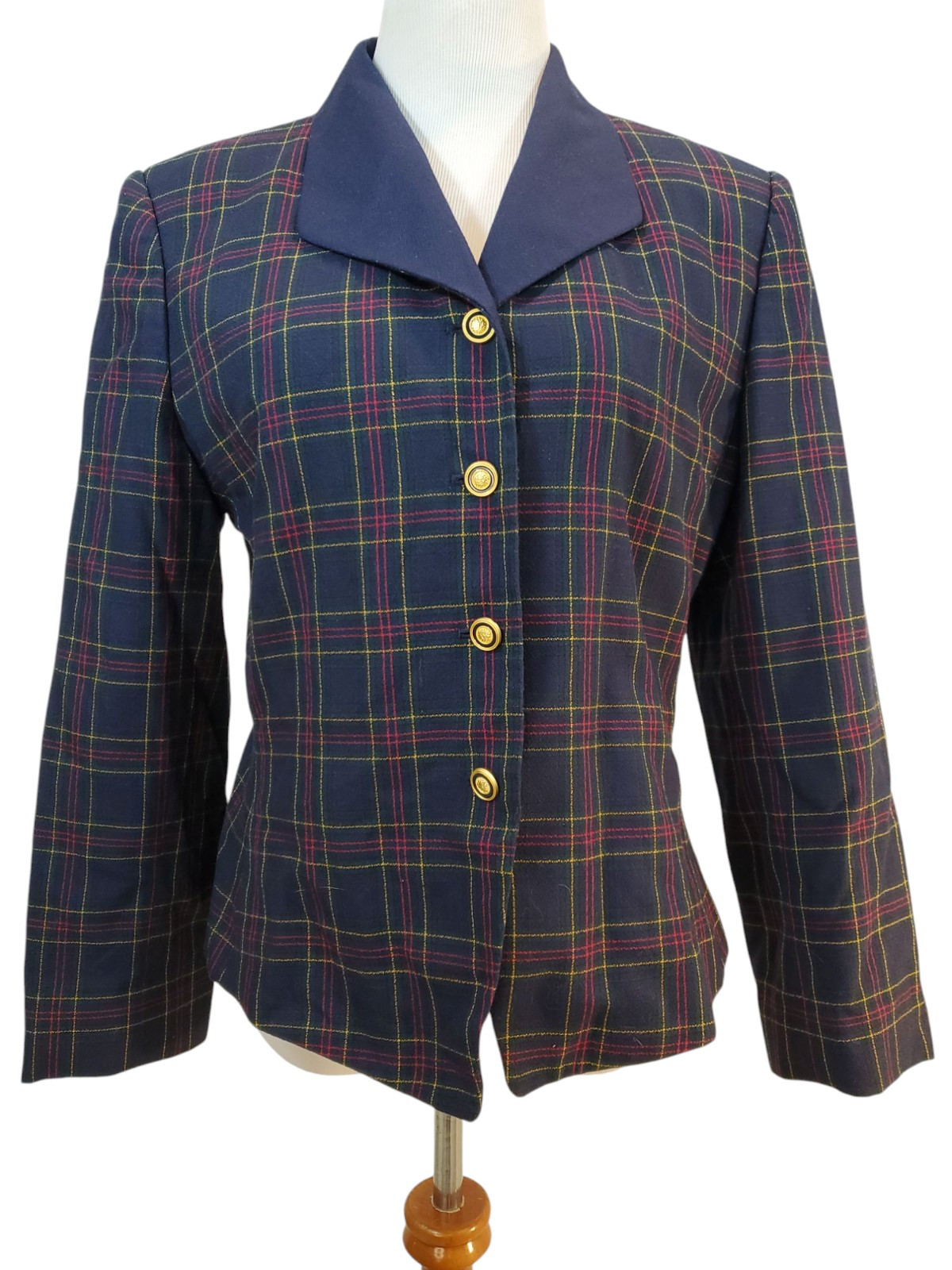 VTG Casual Corner Petite Plaid Tartan Preppy 1990s Navy Blue Heathers Blazer 12