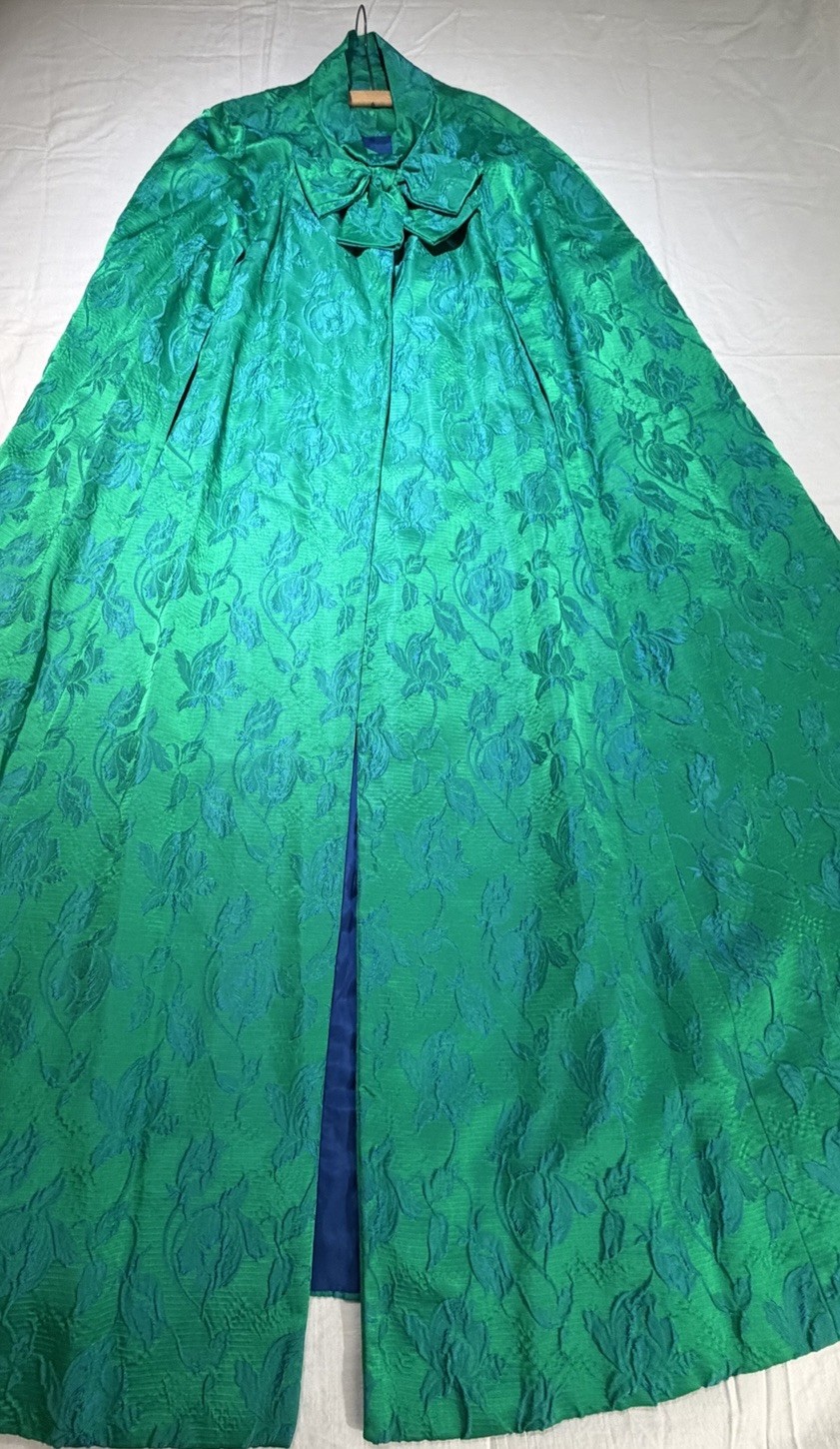 Vintage Custom Tailored Teal Green Blue Jacquard Floral Long Opera Cape-One Size