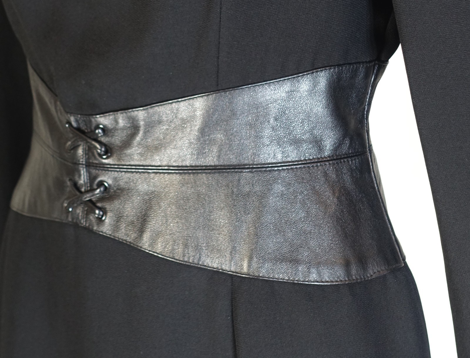 VTG SHANI~MINT!!~1990s BLACK SHEATH LONG SLEEVE DRESS LAMB SKIN WAIST SZ:8