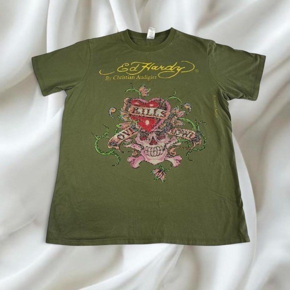 Ed Hardy green skull graphic top y2k vintage mcbling grunge skater
