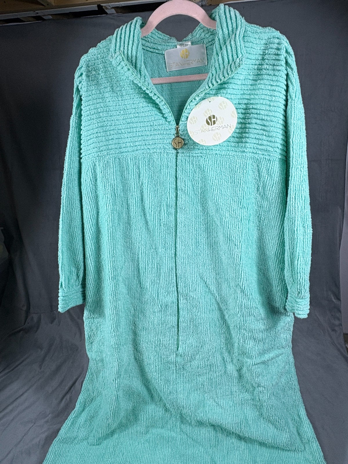 VTG Stan Herman Turquoise Chenille Robe House Coat 1/2 zip Pockets XL P NWT