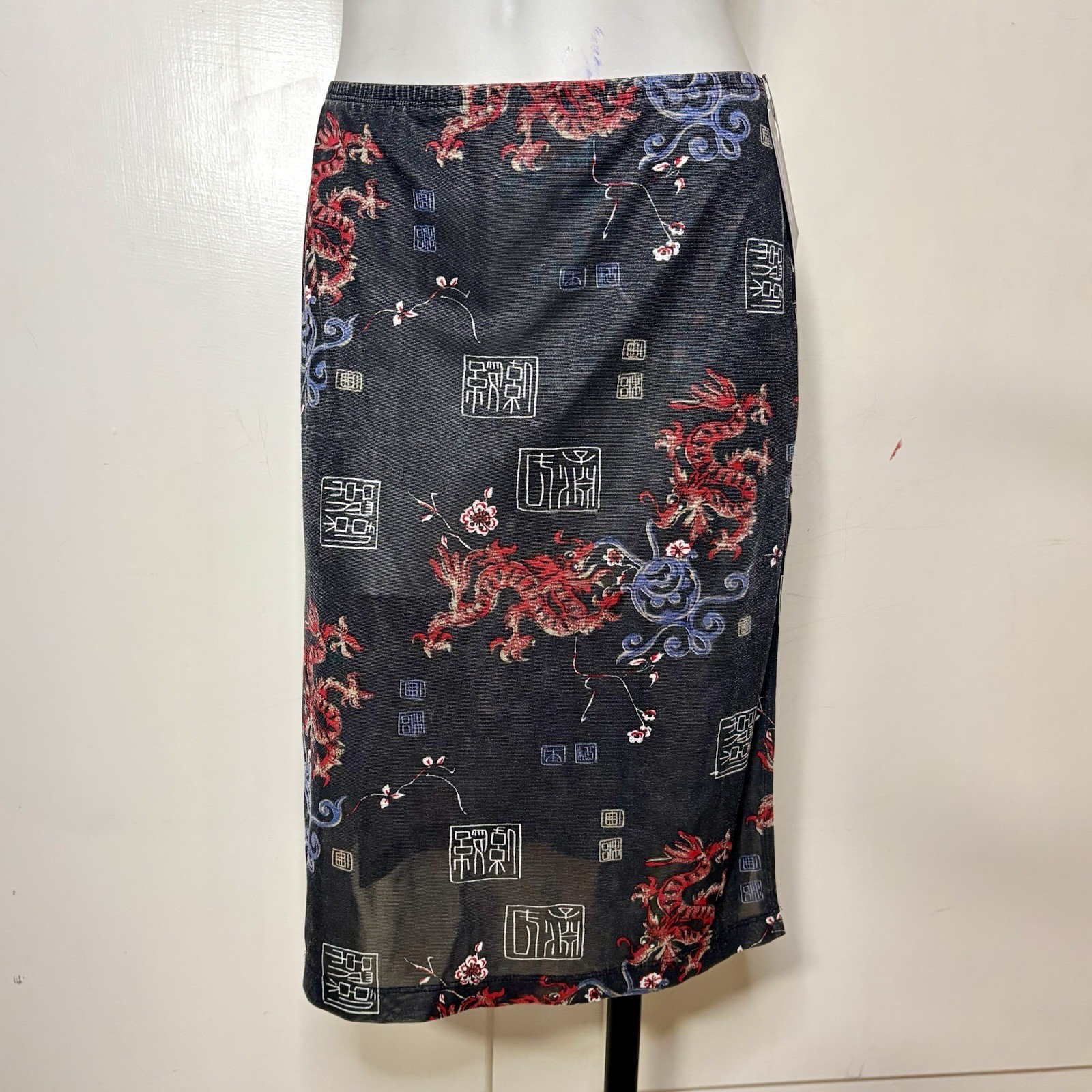 Vintage 90s Dragon Print Mesh Mini Skirt with Side Slits