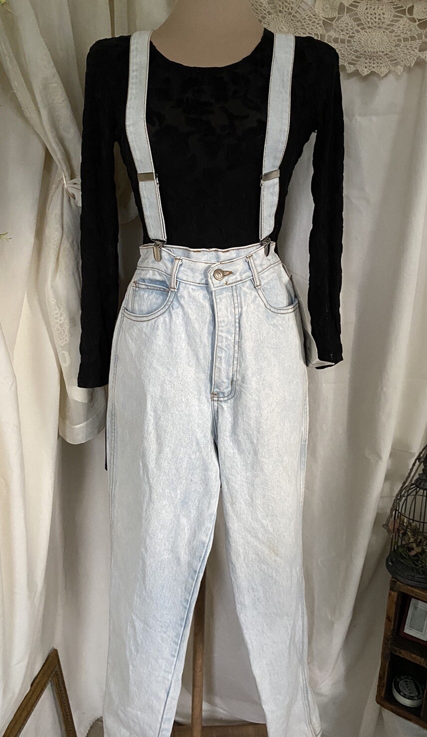 Vintage Deadstock RIO Pegged Leg High Rise Acid Wash Mom Jeans Suspenders Bows 7